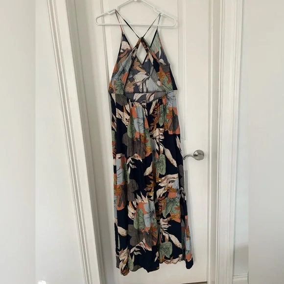 Tropical Print Navy Open Back Thigh Slit Maxi Dress Size Large - Picture 5 of 8